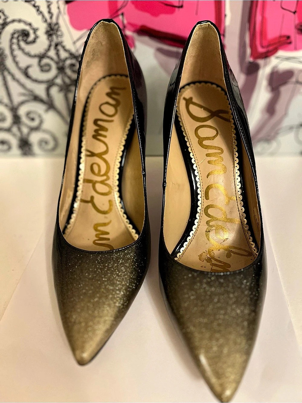Sam Edelman Black Gold Glitter Ombré Pointed Toe Pumps 8.5
